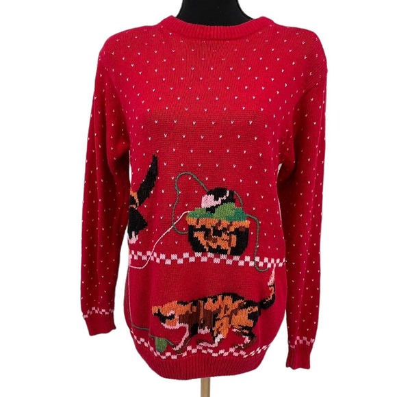 Vintage Pedder Street Red Fair Isle Cat Kitten Knitters Yarn Sweater Small - Picture 1 of 7